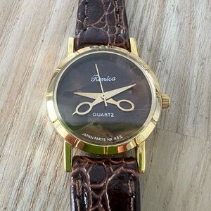 Vintage Ronica ladies gold tone brown scissor watch NEW BATTERY